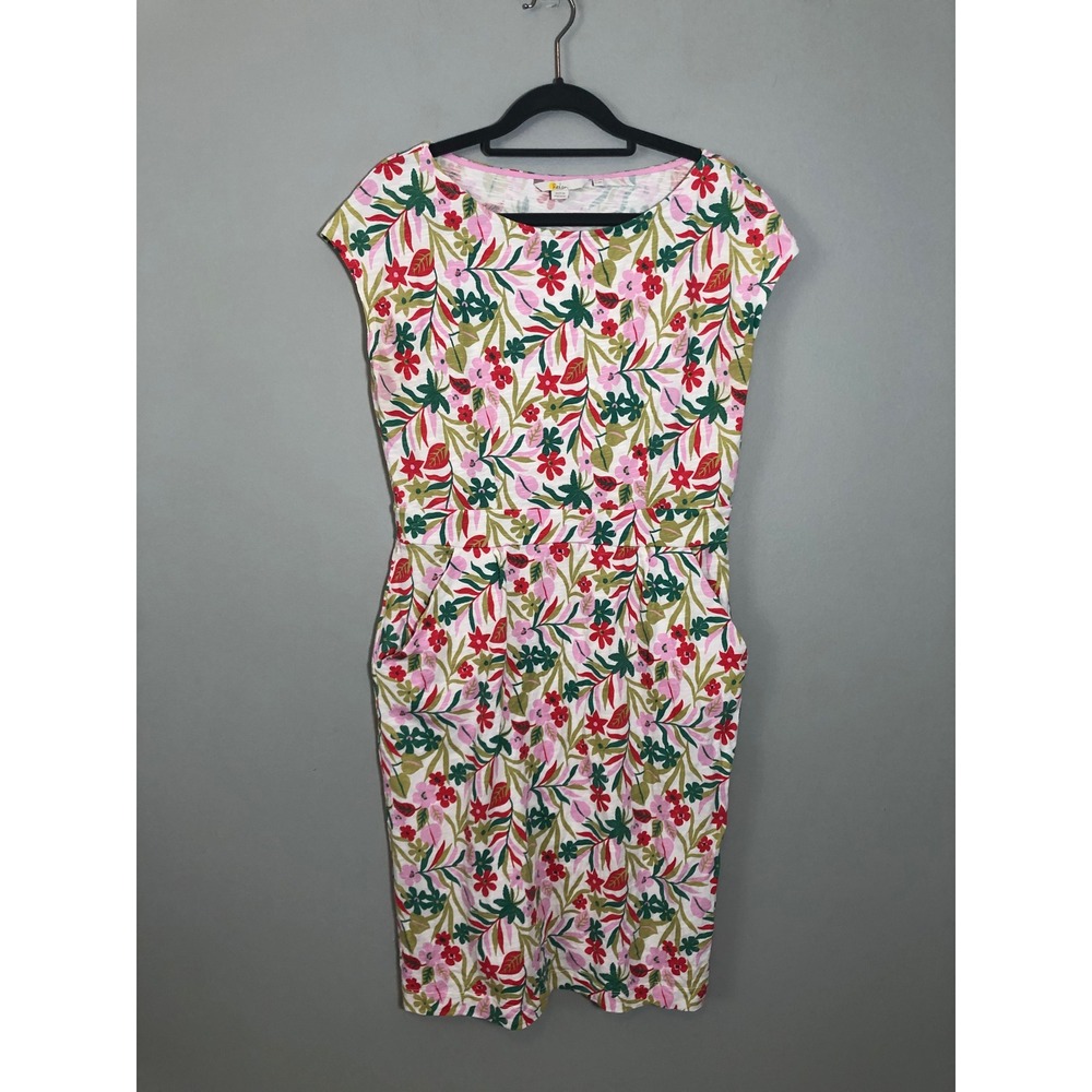 Boden Floral Cotton Jersey Sheath Dress Womens 8 White Pink Green Cap Sleeve